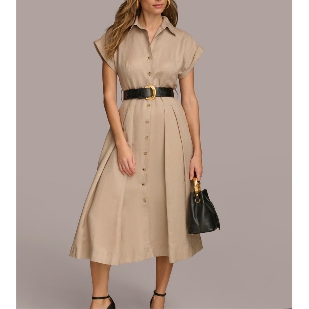 Donna Karan New York Beige Linen Blend Belted Midi Shirt Dress Size 6 KA4F1287
